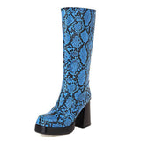 thanksgiving outfit Dodobye Platform Mid-Calf Boots Toe Chunky Heels Snakeskin Leather Big Size 32-48 Blue S2753