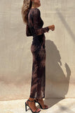 Dodobye-Stylish tie-dye mesh overlay printed long-sleeve ruffled stretch maxi dress