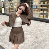 thanksgiving outfit Dodobye Coffee Color PU Leather Jacket And Skirt Set 2024 New Women's Autumn Miu System Chic Pleated Skirt Loose 2-Piece Set