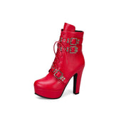 thanksgiving outfit Dodobye Red Yellow White Women Ankle Boots Platform Lace Up High Heel Short Female Buckle Autumn Sexy Ladies Shoe 50