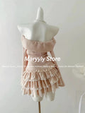 Dodobye Autumn Winter New Two Piece Set Kawaii Bow Off Shoulder Long Sleeve Tops + 2yk High Waist Ruched Cake Skirt Japanese Pink Suits