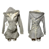 Dodobye Winter Coat Retro Fur Collar Hooded Sweatshirt Mini Skirt Extra Long Fake Two Piece Dress Punk Y2K Female Gray Slim Dress Jacket