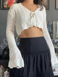 Dodobye-Tie Front Open Knit Crop Top