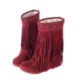 thanksgiving outfit Dodobye Women's 2 Layer Fringe Tassels Flat heel Half knee high Boots fur Shoes Big Size 34-47 Snow Boots Zapotos