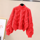 Black Friday Dodobye Twist Sweater Women Lantern Long-Sleeved Loose Lazy Chic Fall Winter Korean Knitted Casual O-Neck Pullover Female Sweet Jumpers