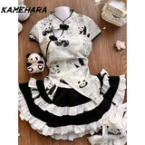 Dodobye Cute Girl New Chinese Panda Print Tops High Waist Slimming Fluffy Cake Skirts Maid Apron Sweet Sets Кастюмы Для Женщин