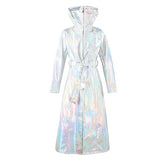 christmas outfit Dodobye Spring Long Shiny Reflective Holographic Silver Faux Leather Trench Coat for Women with Hood Zip Up Y2K Streetwear