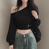 Dodobye 2024 Autumn Winter Women Irregular Off Shoulder Hoodies Long Sleeve Sexy Crop Top Streetwear Pullovers Sweatshirt