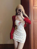 Dodobye Korean 2 Piece Dress Sets Women Casual Knitted Short Cardigan + Outwear Elegant Sweet Floral Strap Mini Dress Chic 2025 Spring