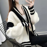 Black Friday Dodobye Patchwork Sweater Women Knitted Loose Elegant Black White Fashion Cardigan Lazy Strip V-Neck Long Sleevekorean Female Jumpers