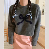 Dodobye cute bow knitted sweaters women korean o neck long sleeve sweet pullovers fall preppy style loose vintage female jumpers