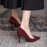 Dodobye Women High Heel Shoes Sharp Pointed Thin Heel High-heeled Pumps Shoes New Suede Black Red Blue Women's Single Shoes Big Size 42