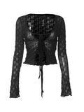 Dodobye-Perspective Mesh Lace Up Long Sleeve Blouse