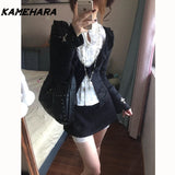 Dodobye Autumn Vintage Slim Knit 3 Piece Sets Women High Street Fashion Lace Thin V Neck Vest Solid Cardigan Plaid Short Skirts