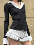 Dodobye-Polo Neck Splice Fake Two Piece Long Sleeve Knit