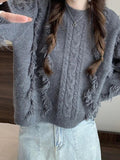 Dodobye-Solid Tassel Cable Knit Sweater