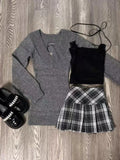 Dodobye Autumn Vintage Knitted 3 Piece Skirt Set Women Casual Grey Sweater Tops + Hot Girl Lace Vest + Plaid Mini Skirt Winter Clothing