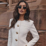 Dodobye Elegant O-neck Solid Female Coat Set Full Sleeves Single Breasted Women Jacket Sets 2025 Autumn Casual Slim Lady Short Pant Suit