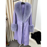 thanksgiving outfit Dodobye 2024 New Women's Leather Jacket With Fox Fur Collar Long Fashionable Elegant Waist-Fitted Sheepskin Overcoat For Autumn/Winter