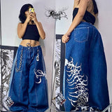 Dodobye 90s Streetwear 2024 New High Waisted Baggy Jeans Women Oversized Pattern Print Blue Slouchy Straight Wide Leg Pants Goth Harajuku Streetwear