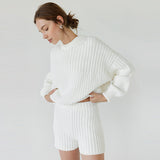 Dodobye Casual Knitted Sweater Shorts Sets Women Loose Solid Striped Pullovers Elastic Short Pants 2024 Spring Autumn Lady Chic Outfits