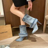 Dodobye 2024 Women's Autumn/Winter Denim Fine High Heel Skirt Boots Fashion Pointed Large Women's Four Seasons Short Boots