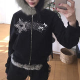 Dodobye Streetwear Zip Hoodie Fleece Hat Solid Color Embroidered Sequins Y2K Women Hip Hop Retro Harajuku Punk Cropped Hoodie Sweatshirt