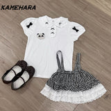 Dodobye Japanese Soft Girl Cute Doll Collar Cartoon Short Sleeve T-shirt Sweet Lace Strap Grid Cake Puff Skirt Y2k 2-piece Sets