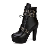 thanksgiving outfit Dodobye Red Yellow White Women Ankle Boots Platform Lace Up High Heel Short Female Buckle Autumn Sexy Ladies Shoe 50