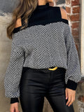 christmas outfit Dodobye Loose Puff Sleeves Contrast Color Split-Joint Cold Shoulder Sweater Tops