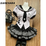 Dodobye Lolita Girl Inspired College Style Lace Patchwork Lace Waist Slimming Shirt Black Striped Cake Fluffy Short Skirt Sets