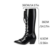 thanksgiving outfit Dodobye Patent Leather Women Knee High Boots Pointed Toe Chunky Heel 6.5cm Lace Up Decor Size 44 45 46 Booties