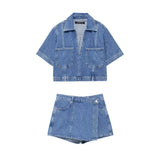 thanksgiving outfit Dodobye 2024 Spring Summer Casual Denim Women Suits Fashion Pockets V Neck Pullover Half Sleeve Shirts+Chic Mini Shorts Skirts