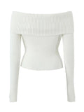 Dodobye-Long Sleeve Off-Shoulder Plain Ribbed-Knit Sweater