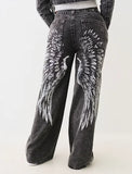 Dodobye Black oversized angel wing print personalized trendy street jeans Gothic Harajuku y2k high waisted wide leg design retro pants