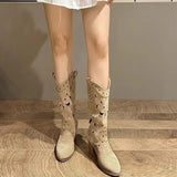 Dodobye Cowboy Boots Women Shoes Mid Calf Western New Rock Comfortable and Elegant Barefoot Hollow Out Engrave Retro Chunky Hot Designer