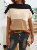 christmas outfit Dodobye Loose Short Sleeves Contrast Color Pockets Round-Neck Sweater Tops