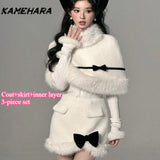 Dodobye Autumn French High-end Fashion 3-piece Set Fur Collar Shawl Style Bow Top Harajuku Style Half Skirt High-end Y2k Sets