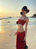 Dodobye 2025 Summer Red Sexy Holiday Dress Suit Hot Girls 2000s Sweet Casual Camios + Elegant Fashion Midi Skirt Beach Style Clothing