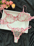 Dodobye - Floral Embroidery Lingerie Set, Hollow Out Unlined Bra & Sheer Mesh Thong, Women's Sexy Lingerie & Underwear