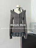 Dodobye Autumn Vintage Knitted 3 Piece Skirt Set Women Casual Grey Sweater Tops + Hot Girl Lace Vest + Plaid Mini Skirt Winter Clothing