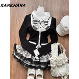 Dodobye American Retro College Style Gray White Checkered Cake Half Skirt Bow Black Slimming Patchwork Cardigan Two-piece Sets