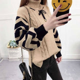 Black Friday Dodobye Twisted Turtleneck Pullover Sweater Women Lantern Sleeves Striped Pactchwork Fall Winter Warm Knitted Sweater Casual Lazy Tops