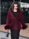 christmas outfit Dodobye 2025 Burgundy Elegant Lace Up Faux Fur Cuffs Woolen Coat New Women's Fashion Long Sleeve Lapel Jacket Temperament Ladies Outwear