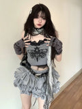 Dodobye Summer Gothic Punk Style 2 Piece Set Women Lace Print Streetwear Slim Tops + Y2k Kpop A-line Cake Skirts 2025 Korean Fashion