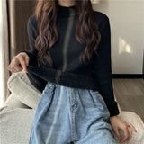 Black Friday Dodobye Fall Warm Slim Women Sweater Korean Casual Mock Neck Thick Velvet Knit Pullover Solid Soft Basic All Match Knitwear Jumper New