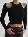 Dodobye-Cold Shoulder Cutout Cropped Long Sleeve Tee