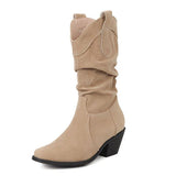 thanksgiving outfit Dodobye Pleated Women Mid Calf Boots Toe Block Heels 6cm Slip On Flock Suede Size 44 45 Daily Bota