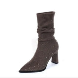 Dodobye Autumn Winter Knee High Heels Women's Boots Bling Rhinestone Fashion Sexy Banquet Women's Shoes Comfortable Suede Boots Large