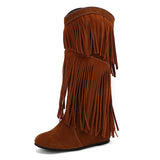 thanksgiving outfit Dodobye Women Mid Calf Boots Round Toe Increased Heel Fringe Flock Suede 46 47 48 Slip On Fashion Dating Bota